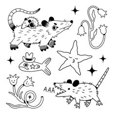 some animals and stars are drawn in black ink on a white paper with the words, i