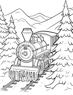 a black and white image of a train going through the woods