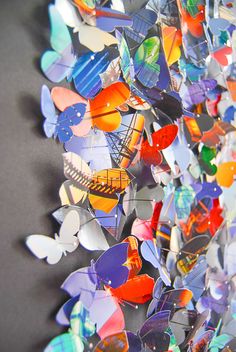 many different colored butterflies on a black surface