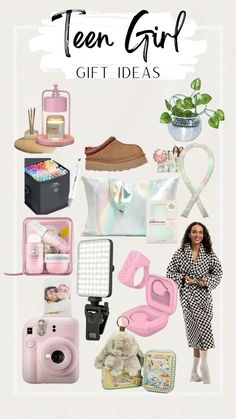 a woman standing next to a bunch of items on top of a white background with the words teen girl gift ideas