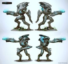 the concept art for an alien character is shown in three different poses, including one holding a