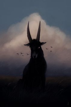 a painting of a goat with long horns and birds in the sky behind it on a cloudy day