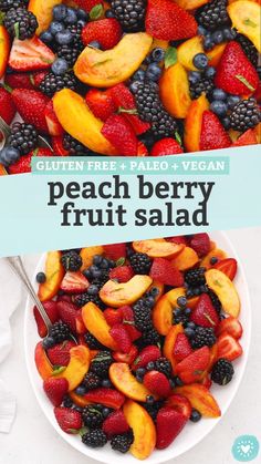 a white plate topped with fruit salad next to a bowl of berries and peaches