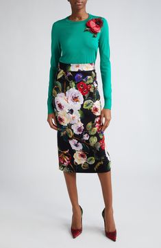 Plucked from the '60s-inspired 'Flower Power' collection, this Italian-silk sweater features a stunning rose appliqué decorated in lustrous beads and sequins. Crewneck Long sleeves Ribbed cuffs and hem 100% silk Dry clean Made in Italy Designer Clothing Dolce And Gabbana Outfit, Charmeuse Dress, Silk Sweater, Garden Vines, Classic Black Dress, Stretch Pencil Skirt, Lace Pencil Skirt, Wool Pencil Skirt, Printed Pencil Skirt