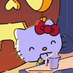 an animated hello kitty is sitting at a table with a drink in front of her