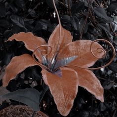 a flower that is sitting in the middle of some leaves on a tree branch and has swirly metal work around it's petals