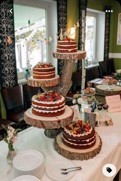 a table topped with three tiered cakes covered in chocolate frosting and toppings