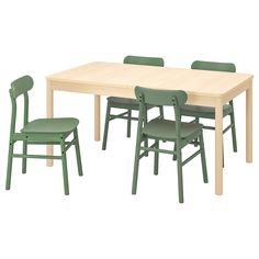 a wooden table with green chairs around it