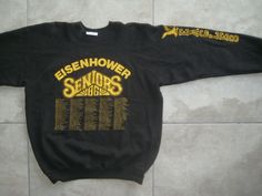 You are viewing a lot of 1: VINTAGE Unbranded Class of 1986 Aldine EISENHOWER High SChool Houston Seniors Sweater/Sweatshirt/Pullover Double sided graphic print of senior class names. "Eagles" on sleeve.  Colors: Black withyellow trim.  Size (When Flat):  According to the label: MEDIUM/M 38-40 BUT it is a vintage fit and looks very small.  Refer to the measurements in the photos for actual dimensions.  Item Conditions: Item is preowned and used. Item has no rips, holes, stains or bad odors. Assu Vintage High School Sweatshirt, Senior Sweaters High School, Vintage High School Tshirts, Senior Year Sweatshirts, School Sweatshirts Designs, Senior Sweaters, Senior Sweatshirts Ideas, Senior Merch, Senior Sweater