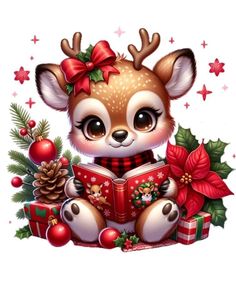 a cute little deer reading a book surrounded by christmas decorations and bows on its head