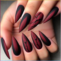 Fun Nail Designs Almond, Blood Tip Nails, Black Nails Inspo Almond, Acrylic Nail Designs Dark, Black And Red Matte Nails, Matte Black Nails Almond, Red And Black Nail Design, Red And Black Matte Nails, Vampire Inspired Nails