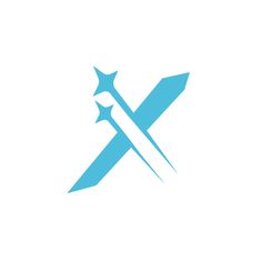 a blue and white logo with two crossed swords on top of each other in the shape of a star