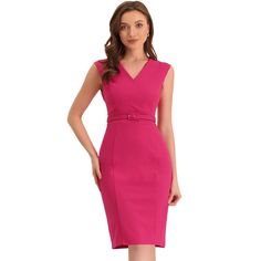 Simple and fitted, this office dress is a must for your work wardrobe. The pencil design comes with a wrap v-neck, sleeveless, and a belted waist. This dress sits just below the knee and is perfect for formal events when paired with court heels. The timeless design and soft breathable material, easily make you charming and eye-catching in the crowd. Pink Business Dress, Well Dressed Women Classy, Club Dresses Nightclub, Pencil Dresses, Bodycon Casual, Office Dresses For Women, Dresses Classy, Court Heels, Pencil Design