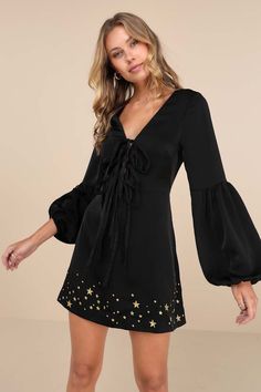 Stoned Immaculate Wild One - Black Embroidered Dress - Mini Dress - Lulus Dress With Flared Sleeves, Balloon Sleeves