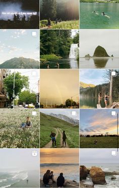 many different pictures are shown in this collage with people on the beach, water and mountains