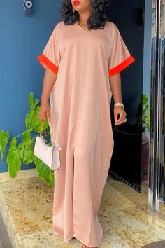 Comfortable V-neck Contrast Short Sleeve Loose Maxi Dress Couture, Simple Dress Styles, Boubou Styles For Women, Casual Gowns, 2piece Outfits, Kaftan Designs, African Fashion Traditional, Loose Maxi Dress, African Fashion Women Clothing