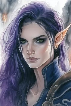 Ilyndra Aelthyn has smooth alabaster skin, accentuated by her elongated, pointed ears which peek out from beneath a wild cascade of deep violet hair. Her eyes are a sharp emerald, framed by thin, defined brows. She wears flowing robes of rich indigo, embroidered with silver arcane symbols that give the fabric a textured appearance. A delicate silver staff, topped with a multifaceted crystal, is al... Deep Violet Hair, Alabaster Skin, Elf Characters, Violet Hair, Fantasy Heroes, Pointed Ears, Character Ideas, Elf, Fantasy Art