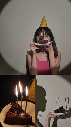 a woman holding a plate with cake on it in front of her face and candles behind her head