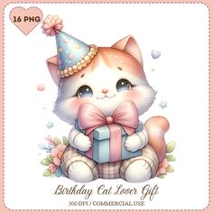 a birthday card with a cat holding a gift box