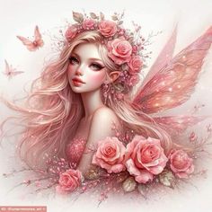 a beautiful fairy with pink roses in her hair