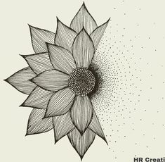 a black and white drawing of a sunflower with dots in the center on a white background