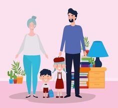 a man and woman with two children standing next to each other in front of a pile of books