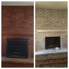 before and after pictures of a brick fireplace