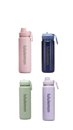 three different colored water bottles with the words union written on each one, and an open lid