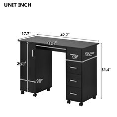 an image of a desk with drawers and measurements for the top drawer, side view