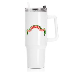 a white travel mug with the words, christmas past on it and a straw in its mouth