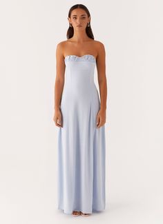 Peppermayo Exclusive The Tayla Linen Maxi Dress is the epitome of effortless elegance, designed for those balmy nights under golden skies. Featuring a strapless neckline, this dress beautifully highlights your shoulders while providing a flattering fit. The frill bustier detailing adds a touch of romance, enhancing the Mismatched Bridesmaid Dresses Blue, Blue Wedding Guest Dresses, Bridesmaid Dresses Blue, Joy Dress, Bella Bridesmaid, Red Dress Maxi, Strapless Neckline, Blue Bridesmaid Dresses, Linen Maxi Dress