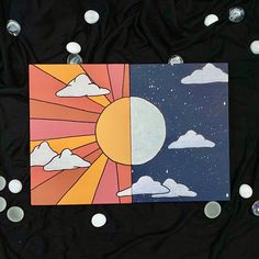 two pictures with clouds and the sun in them on a black background surrounded by confetti