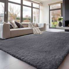 a living room with large windows and a gray rug