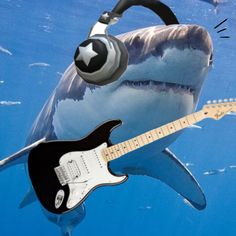 an electric guitar is in front of a shark with headphones on it's ears