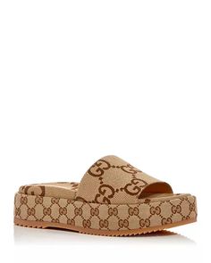 Gucci - Women's Platform Slide Sandals Gucci Flat Sandals, Gucci Luxury Sandals With Branded Insole, Chic Gucci Platform Wedge Sandals, Luxury Open Toe Platform Sandals, Gucci Luxury Open Toe Sandals, Luxury Gucci Open Toe Sandals, Chic Gucci Wedge Sandals For Summer, Chic Gucci Summer Wedge Sandals, Luxury Open Toe Wedge Sandals