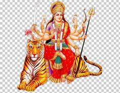 the hindu god sitting on top of a tiger, holding a spear and an arrow