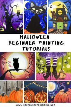 halloween painting with pumpkins and black cats on it, the title is written in white