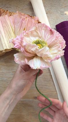 a person is holding a pink flower in front of a piece of wood that has been cut into pieces