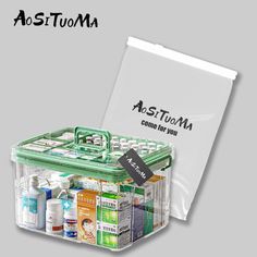 the plastic container is filled with many different types of medicine bottles and other medical supplies