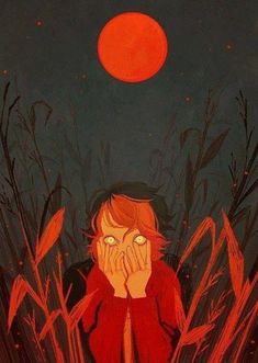 a painting of a person sitting in tall grass with their hands to their face as the sun sets behind them