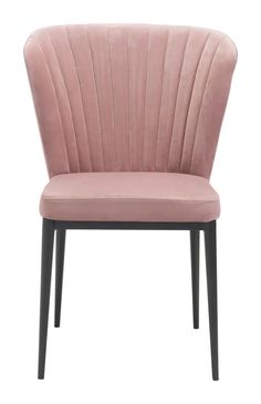 a pink velvet chair with black legs and an upholstered back, on a white background