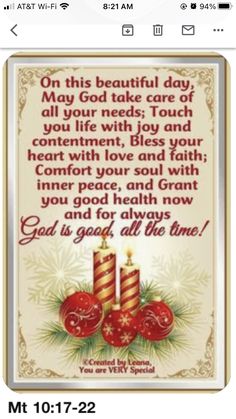 a christmas card with two candles on it and the words good morning written in red