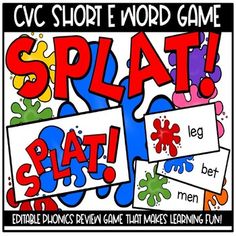 a poster with the words splat on it and some different pictures in red, blue,