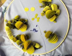 some yellow and white items are on a table with scissors, thread and buttons in the middle