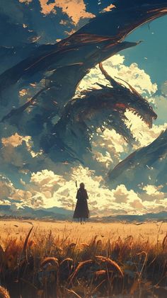 a man standing in the middle of a field next to two large dragon like creatures