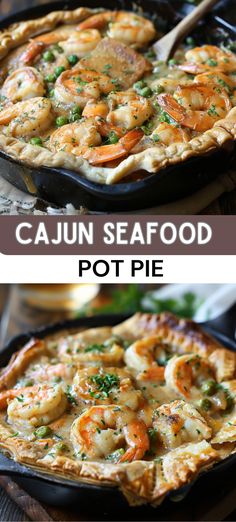 two pictures of shrimp and potato pies with text overlay that reads cajun seafood pot pie