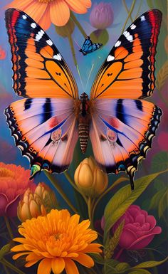 an orange and blue butterfly sitting on top of flowers