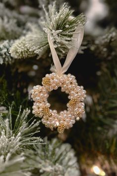 a christmas ornament hanging from the top of a tree