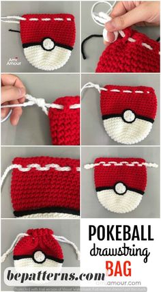 crocheted pokeball drawstring bag is shown with instructions to make it