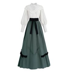 PRICES MAY VARY. 2 PIECE SET VICTORIAN COSTUME:The women's Victorian dress costume includes a white victorian blouse paired with a maxi green Victorian skirt. The victorian edwardian dress features a flattering, flowing design that ensures both comfort and authenticity. Perfect for those who wish to step back in time and experience the elegance and charm of the 1800s Victorian Edwardian era. FEATURES:The Renaissance shirt has a layer cape draping the shoulders. Long puffed sleeves gather at the 1900 Fashion Women Dresses, Victorian Casual Dress, Victorian Winter Clothes, Casual Victorian Dress, 1800s Chemise, Victorian Bridesmaid Dress, 1800s Fashion Women, Victorian Era Costumes, Mother Spore